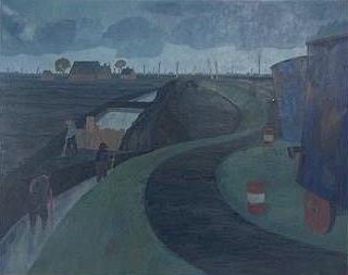 Dirk Breed, olieverf op doek, Westfriese Omringdijk met 2 arbeiders werkend in de dijksloot - Dirk Breed