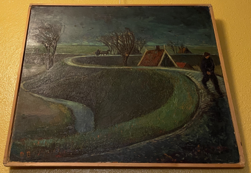 Dirk Breed, olieverf op doek, Westfriese omringdijk met wandelaar en paard en wagen - Dirk Breed