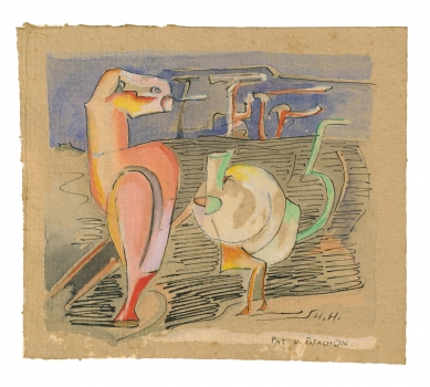 Hannah Höch, Watercolor with ink on paper, titled 'Pat u Patachon', signed 'H.H.', 1920s. - Hannah Höch