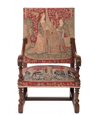 A Good Tapestry Upholstered Walnut Louis XIV Arm Chair