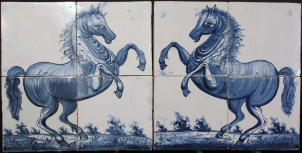 Wonderful pair of Frisian Harlingen hand decorated glazed tile panels, horses.