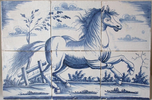 Wonderful Frisian Makkum hand decorated glazed tile panel, horse.