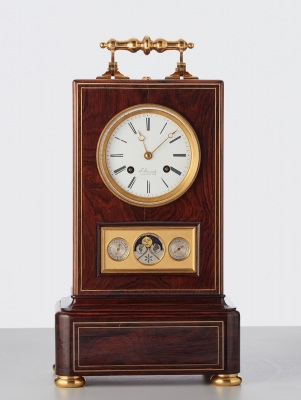 An unusual and imposing French travelling/desk clock with calender, circa 1840