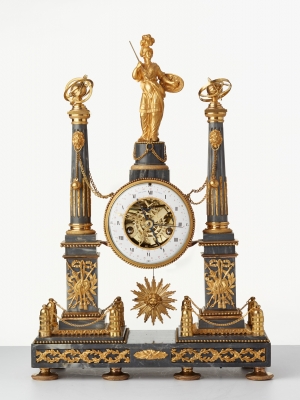 A French Louis XVI grey marble mantel clock by Cellier, circa 1770