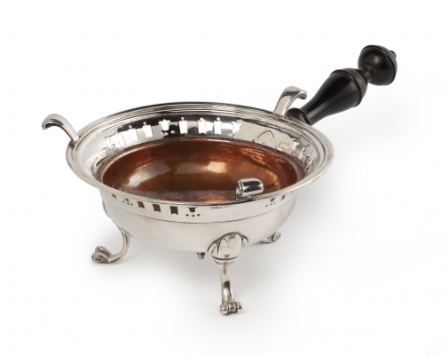 Silver brazier with ebony handle and copper bowl