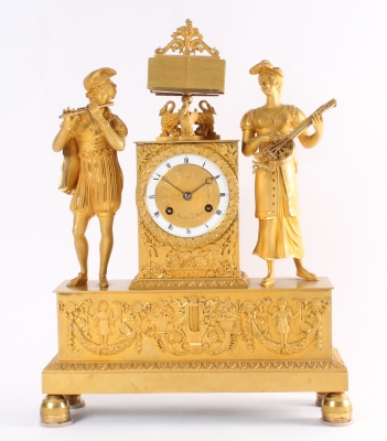 A good French Charles X ormolu sculptural mantel clock, circa 1825.