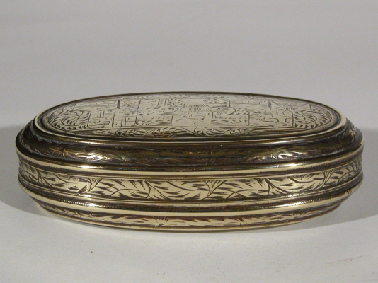 Antique Dutch 18th Century Engraved Brass Oval Tobacco Box The Seven United States Sold Hart 2037