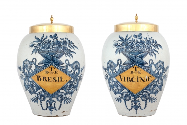 A Pair Blue and White with Yellow Tobaccojars in Dutch Delftware
