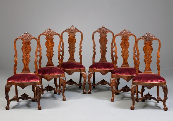 Six Dutch Louis XV Carved Walnut Chairs