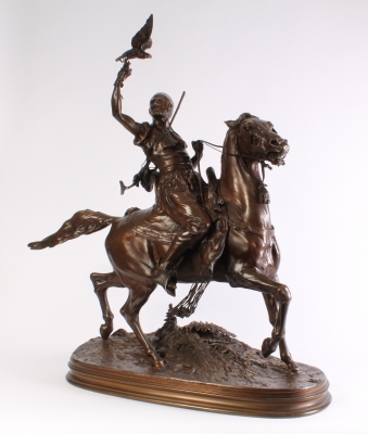 De Arabische Valkenier, een fraai bronzen beeld van Pierre Jules Mene 1810 - 1879