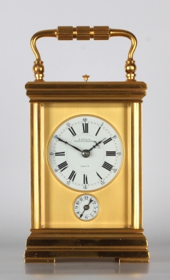 A fine French gilt brass Corniche carriage clock with quarter repeat and alarm, Ecalle, circa 1880