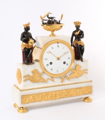A rare French ‘Directoire’ marble and ormolu mounted ‘au bon Sauvage’ mantel clock, circa 1800