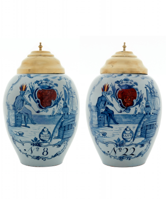 A Pair Blue and White with Yellow and Iron-red Dutch Delft Tobaccojars