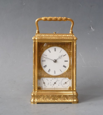 Een mooie gorge case  Franse reiswekker, Drocourt, 8 daags, kalender en wekker, gedateerd 1868.