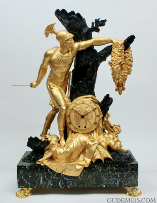 An important French gilt bronze sculptural mantel clock, Jason and the Golden Fleece, circa 1820.