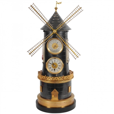 Een zeldzame Franse 'pendule industrial' in de vorm van een windmolen met automaton, barometer en twee thermometers, omstreeks 1880