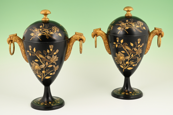 A pair of Dutch lacquered pewter chestnut vases.