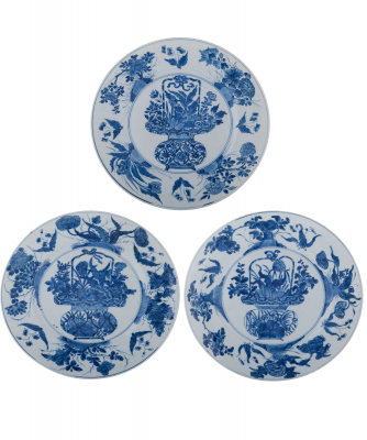 Three Blue and White Kangxi  Dishes, with Flowerbasket