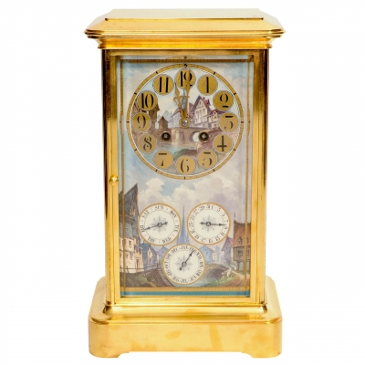 An attractive French brass Sèvres porcelain mounted mantel clock with perpetual calendar, circa 1880