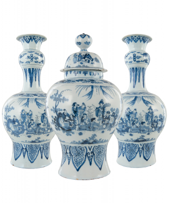 A Blue and White Three-Piece Mantel Garniture in Dutch Delftware