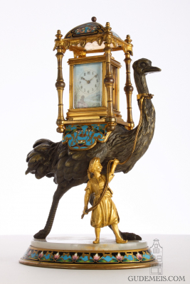A miniature carriage clock on bronze and cloisonné enamel sculptural presentation stand, circa 1880.