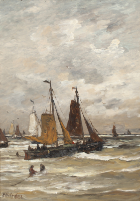 ‘Bomschuiten’ in the surf raising the anchor and set sail - H.W. Mesdag