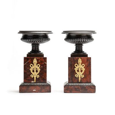 A very nice decorative empire pair of patinated bronze tazza's mounted on beautiful griotte bases