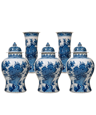 A Five Piece Blue and White Dutch Delft Garniture