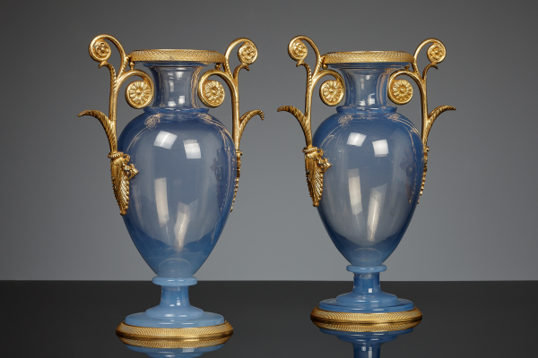 Pair of French Restoration mounted opaline glass vases