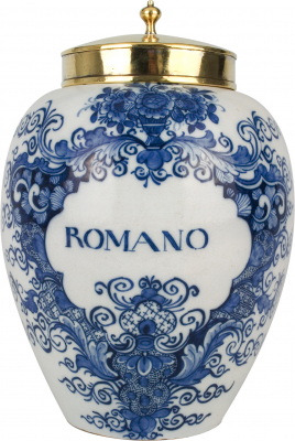 A Blue and White Tobaccojar in Dutch Delftware 'ROMANO'