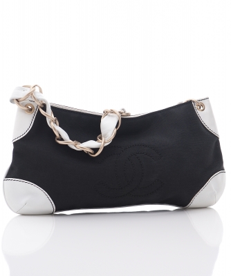 Chanel Black Canvas & White Leather Shoulder Bag - Chanel