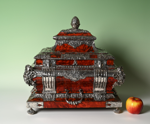 A rare document chest covered in tortoiseshell and silver.