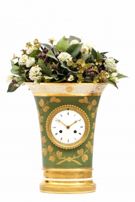 A lovely French Empire porcelain urn mantel clock, circa 1800