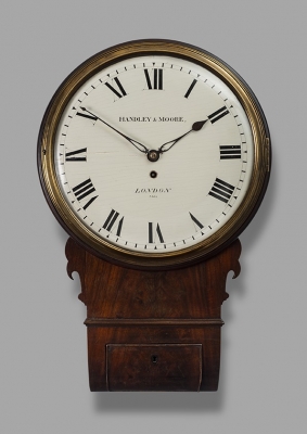 A good early 19th century mahogany drop dial wall timepiece, Handley & Moore, London, c. 1810