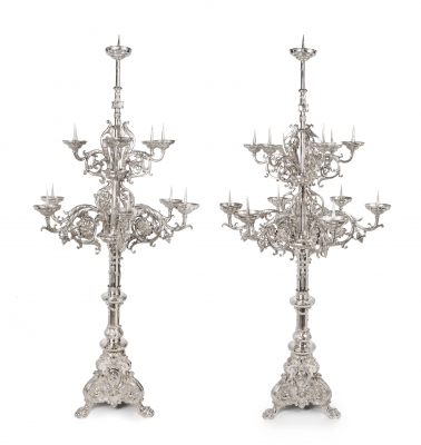 An impressive pair of Dutch silver pricket candelabra