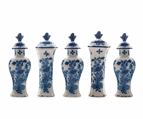A Five Piece Miniature  Garniture in Dutch Blue and White Delftware