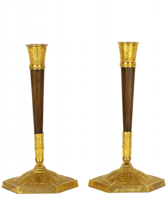 A Pair of Empire Patinated and Gilted Bronze Candlesticks