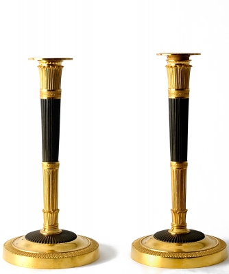 A Pair Gilded and Patinated Bronze Empire Candlesticks