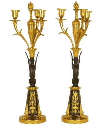 A Pair of Premier Empire Candelabres in Guilded and Patinated Bronze