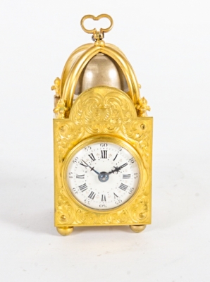 Lovely Fire Gilded Miniature Traveling Clock Signed 