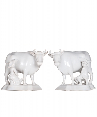 A Pair White Dutch Delft Cows with Milkers