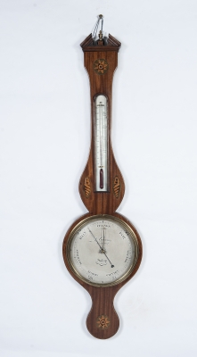 A good English mahogany inlaid wheelbarometer by L. Giannal Salop, circa 1820.