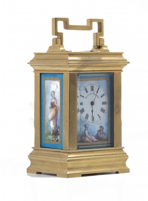 A charming small French 'Sevres' panelled ormolu carriage clock, circa 1900