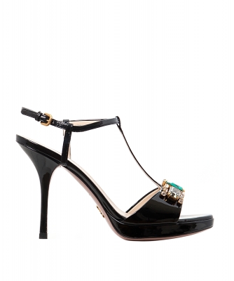 Prada Bejeweled Black Patent Leather T-Strap Sandal - Prada