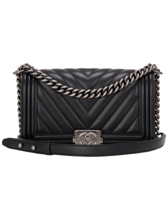 Chanel Black Chevron Quilted Boy Bag New Medium - Chanel