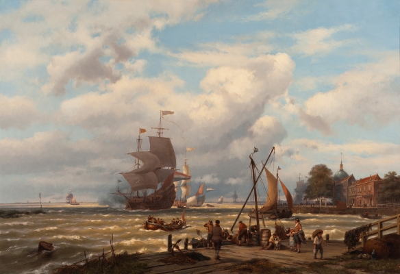 A V.O.C. merchant ship in the roads of Dordrecht - Johannes Hermanus Barend Koekkoek