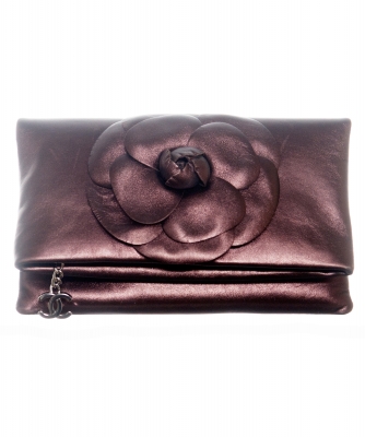 Chanel Bronze Leather Camellia Foldover Clutch - Chanel