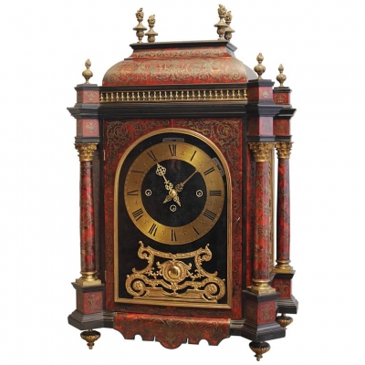 A good late 19th century English boulle work quarter chiming mantel clock