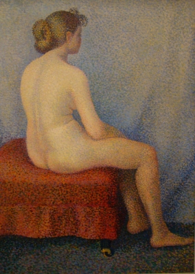Pointilistisch schilderij door Yvonne Serruys, een zittend naakt - Yvonne Serruys