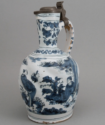 A Dutch Delft Ewer with Pewter Lid